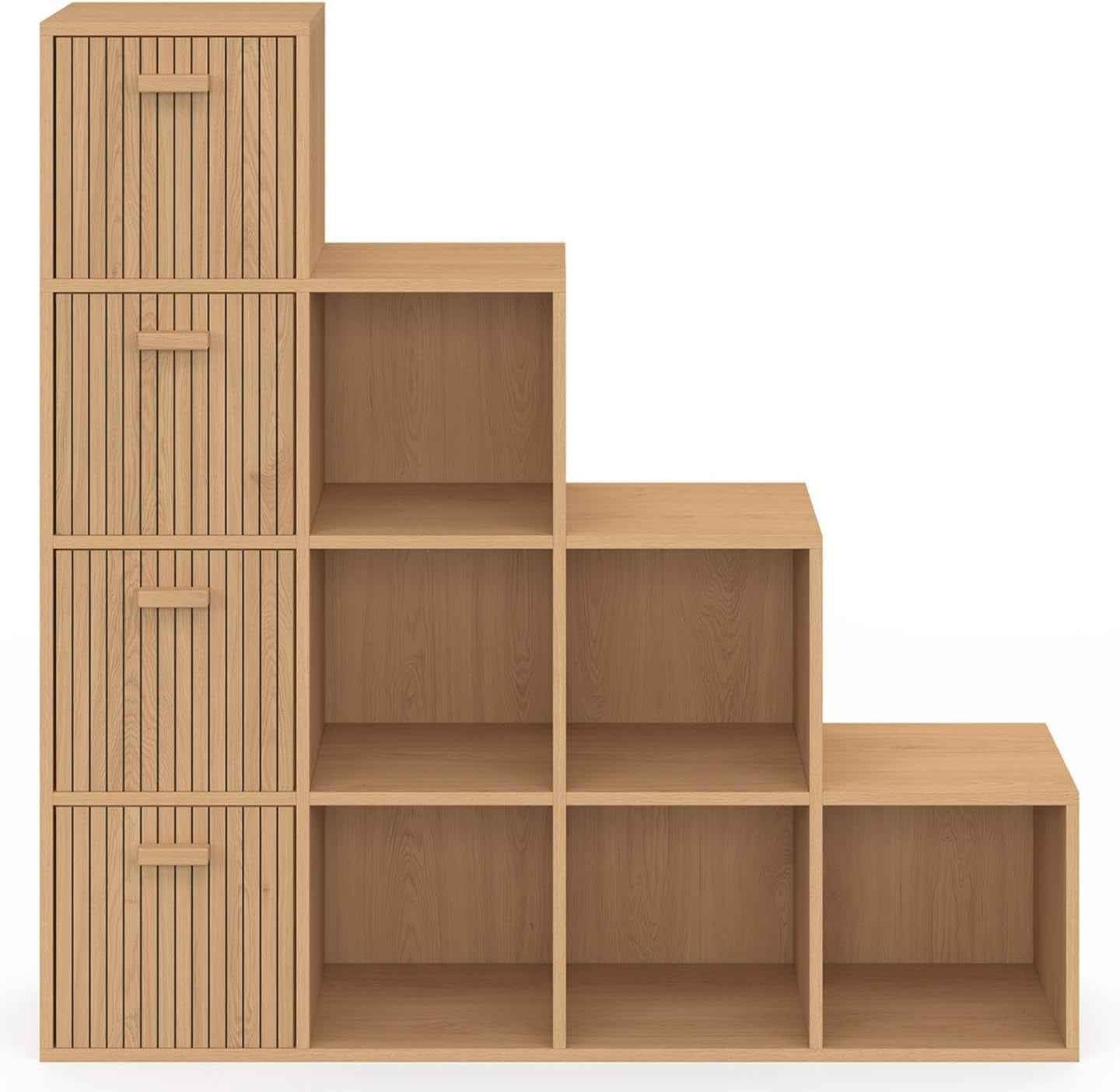 - Meuble De Rangement En Escalier LORYS Effet Lattes Juliette | 4 Niveaux Avec 4 Tiroirs En Tissu