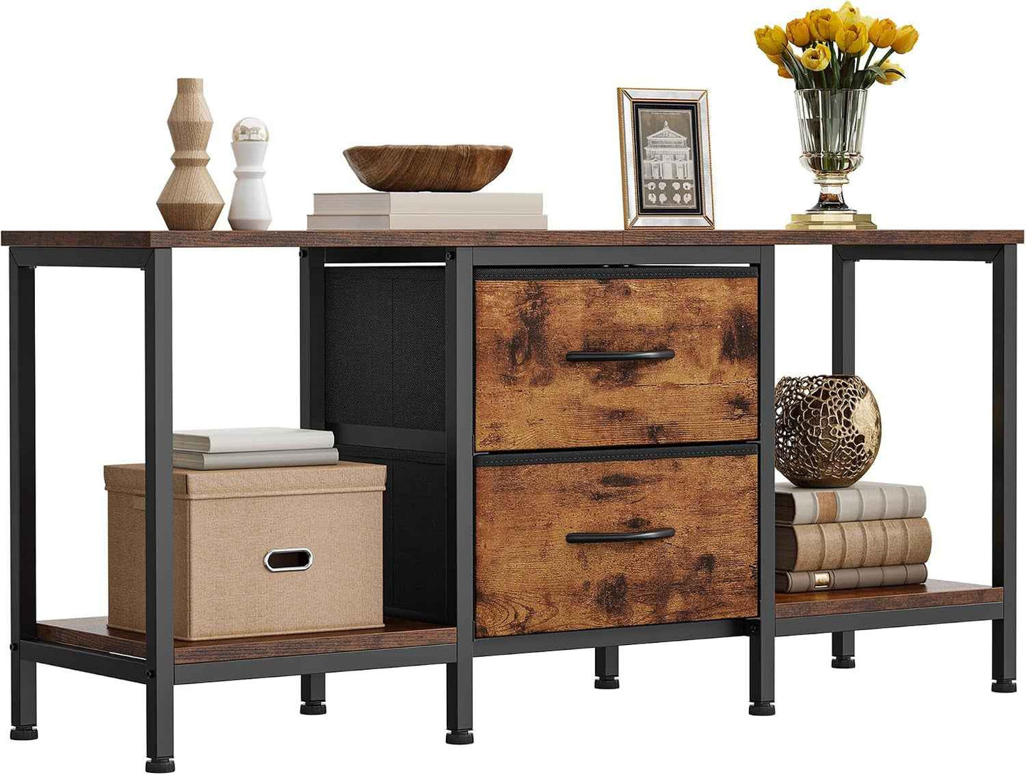 Meuble TV Jusqu'À 47", Meuble TV Avec 2 Tiroirs En Tissu Et 2 Étagères Ouvertes, Commode 110 X 30 X 50 Cm Pour Salon, Salle De Divertissement, Chambre À Coucher, Cadre En Acier