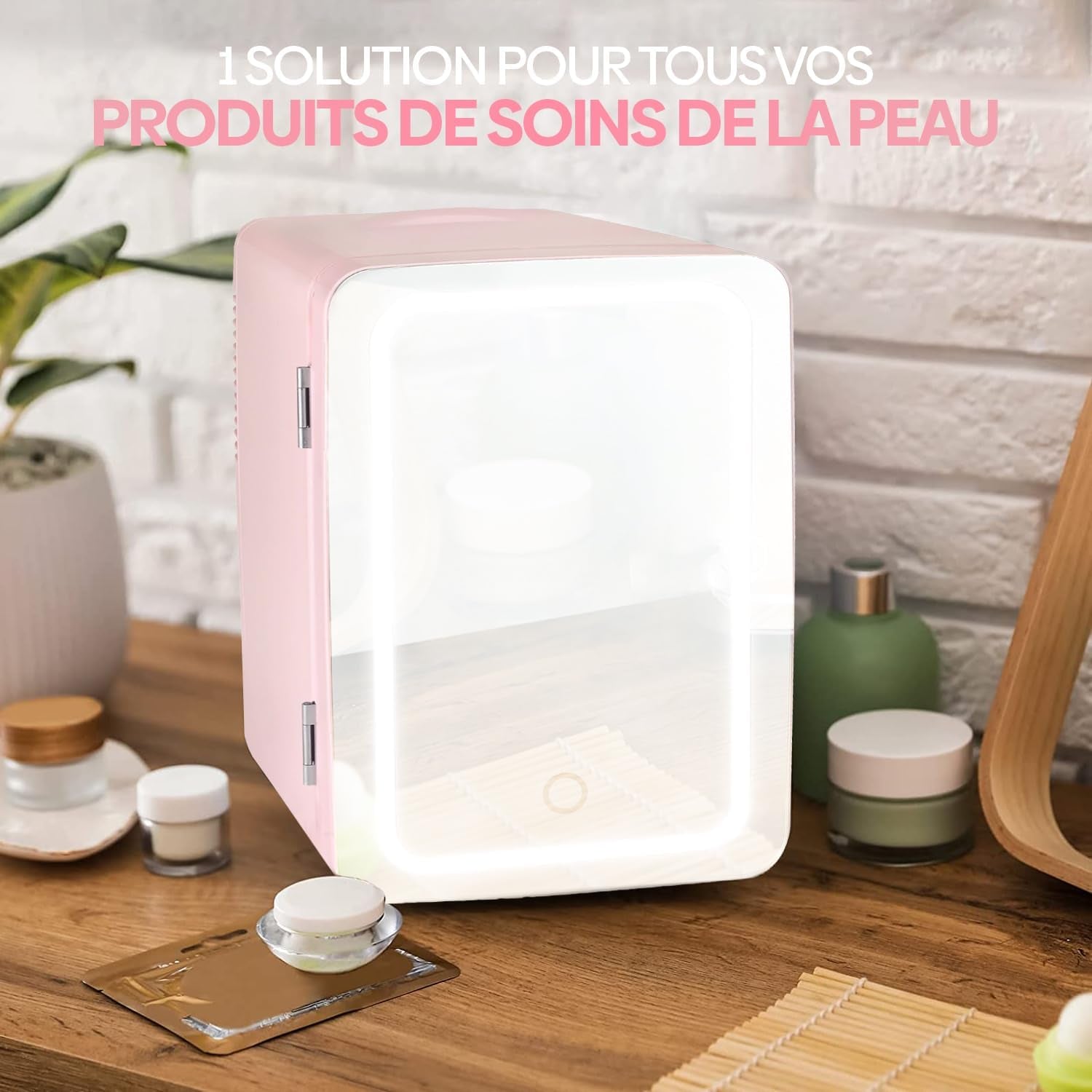 Olvy Réfrigérateur Cosmétique 4 Litres, Mini Frigo, Mini Réfrigérateur Portable Avec Miroir LED, Petit Réfrigérateur Pour Soins De La Peau, Skincare Fridge, Rose