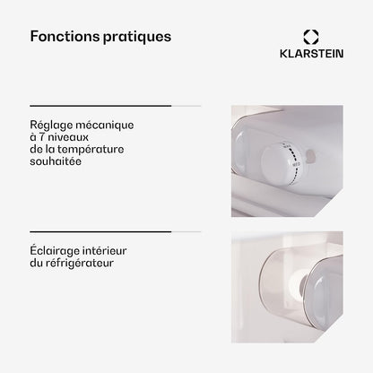 KLARSTEIN Big Daddy Cool - Frigo Réfrigérateur, Réfrigérateur Combiné, Compartiment Bouteilles, Bac Légumes, Eclairage Intérieur, Look Moderne, Nettoyage Facile, Pieds Réglables, 86 L - Argent