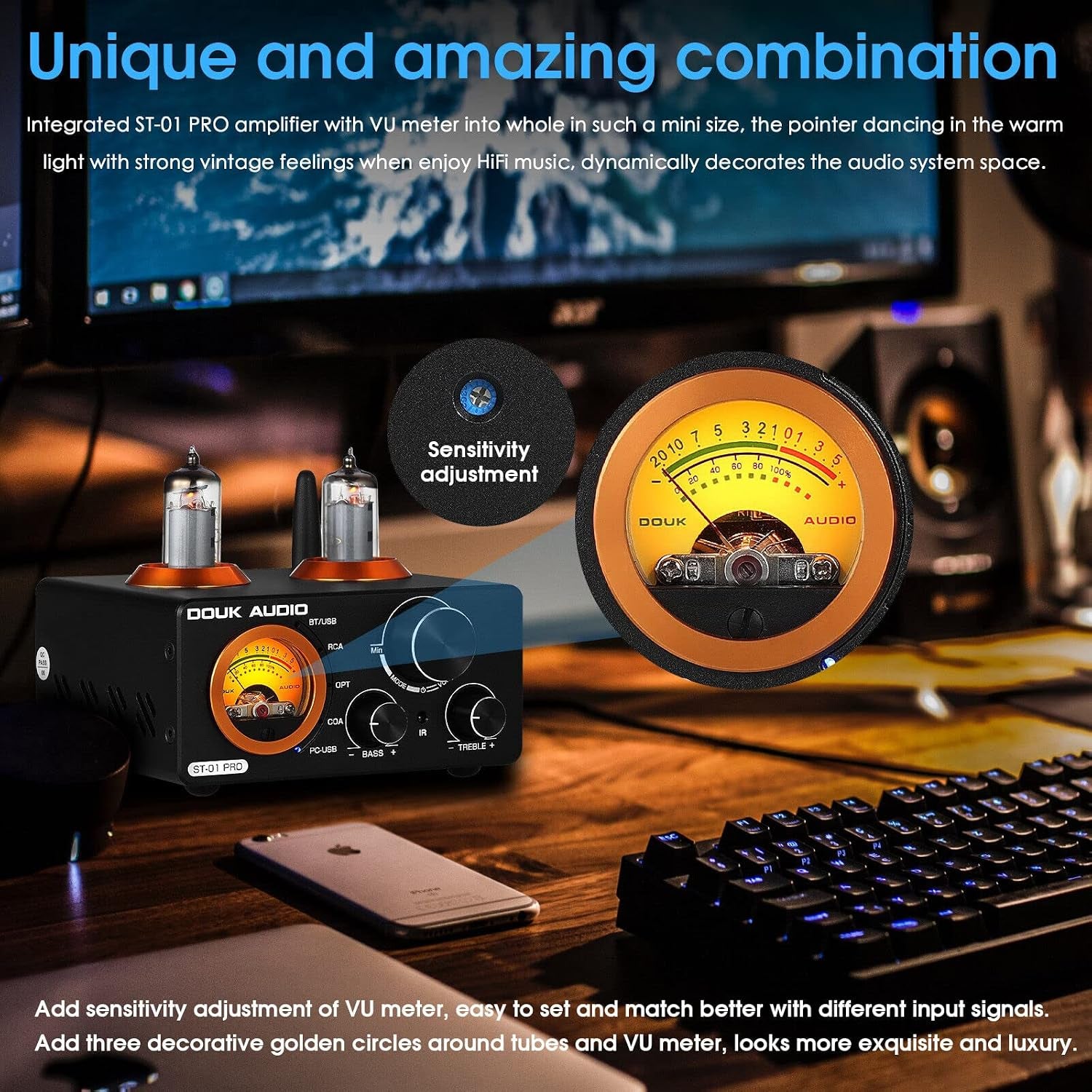[Version Mise À Jour] ST-01 Pro 200W Amplificateur Hi-Fi Mini Récepteur Audio Bluetooth 5.0 Amplificateur À Tubes Numérique Avec Vu-Mètre, USB DAC Coax/Opt