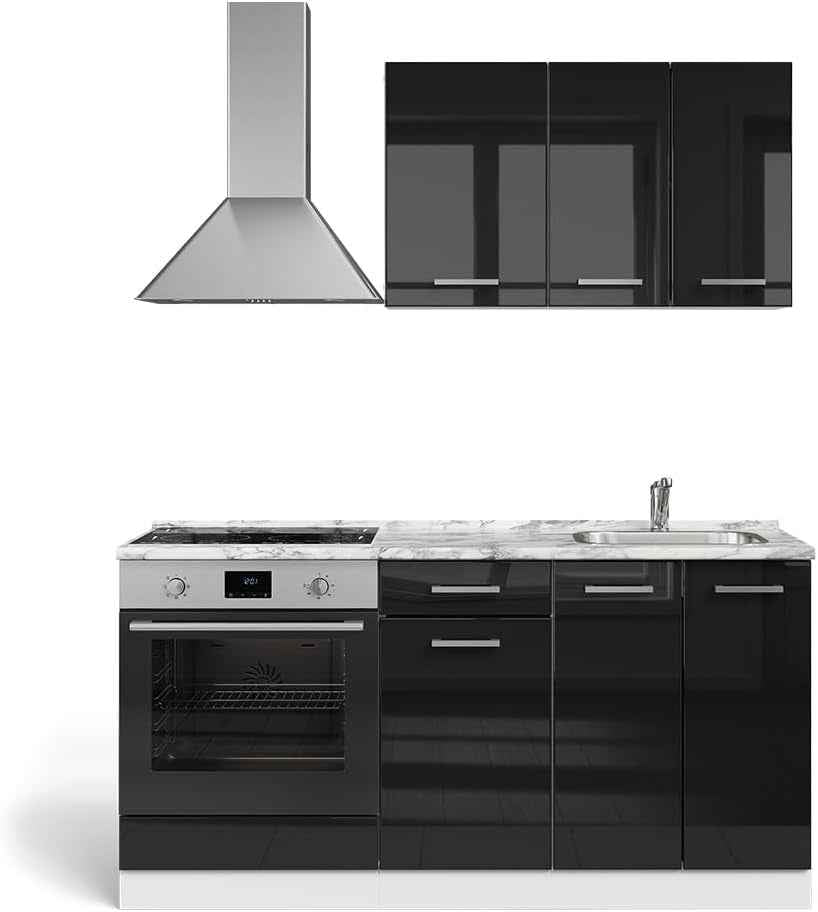 Cuisine R-Line, Noir Brillant/Blanc, 160Cm | Avec Meuble Four Encastrable Avec Plan De Travail, Préparé Pour L’Intégration D’Appareils Électroménagers Et D’Un Évier