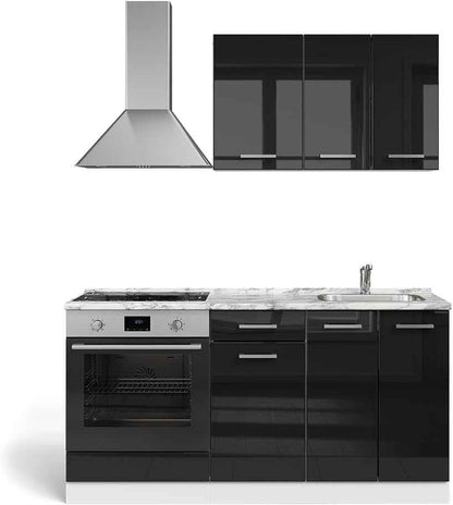 Cuisine R-Line, Noir Brillant/Blanc, 160Cm | Avec Meuble Four Encastrable Avec Plan De Travail, Préparé Pour L’Intégration D’Appareils Électroménagers Et D’Un Évier