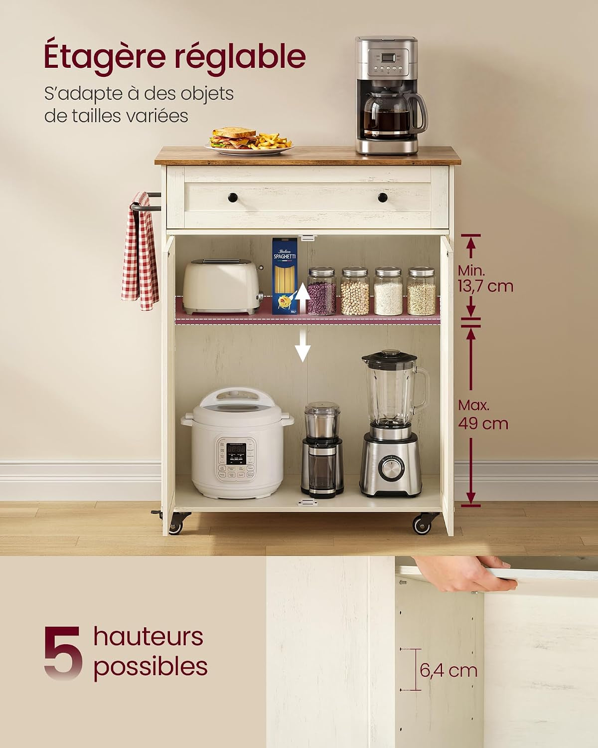 Siren Collection - Desserte Cuisine, Chariot À Roulettes, Tiroir, Placard, Îlot De Cuisine, Étagère Réglable, 40 X 78,5 X 89,2 Cm, Blanc Rustique Et Marron Miel KKI009WJ01