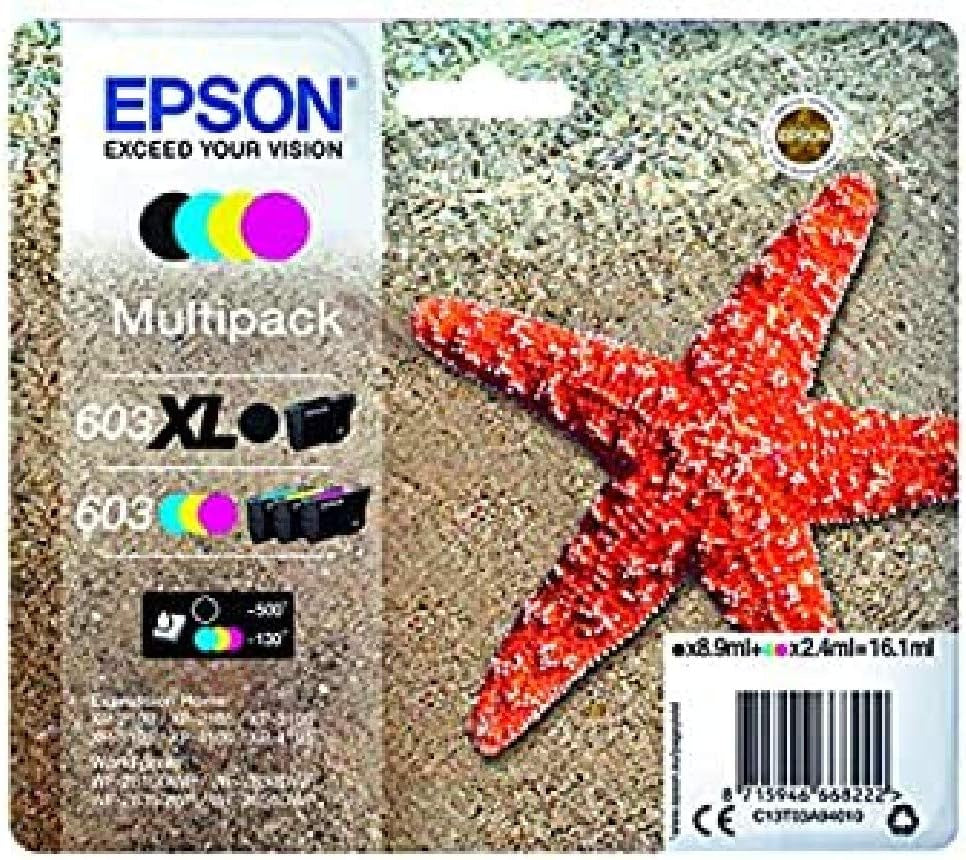 Epson Multipack 603 Etoile De Mer, Cartouches D'Encre D'Origine, 4 Couleurs : Noir XL, Cyan, Magenta, Jaune, XP-2100 XP-2150 XP-3100 XP-3150 XP-4100 XP-4150 WF-2810DWF WF-2820 WF-2840 WF-2850D WF-2870