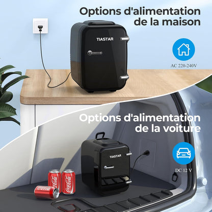 Tiastar Mini Frigo Portable, 4 Litres /6 Boîtes Boissons & Soin De La Peau Mini Petit Frigo Pour Chambre, Voiture, Bureau, Deux Vitesses - Refroidisseur Et Réchauffeur (Noir)