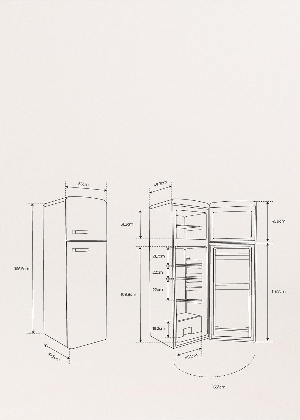 / FRIDGE STYLANCE Top/Réfrigérateur Combiné Blanc Cassé/Style Rétro Vintage, Avec Congélateur, Ouverture 135º, Pratique, Matériaux Résistants, 246L, 55X61,5X166,5Cm