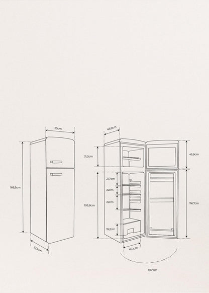 / FRIDGE STYLANCE Top/Réfrigérateur Combiné Blanc Cassé/Style Rétro Vintage, Avec Congélateur, Ouverture 135º, Pratique, Matériaux Résistants, 246L, 55X61,5X166,5Cm