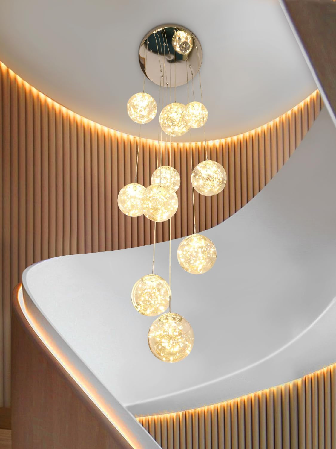 200CM Lustre Lampe Boule De Verre 10 LED, Pendentif Lumière LED D'Escalier, 50W Suspensions Long Étoilé Pendant Light, Plafonniers Modernes Pour Villas, Escaliers Et Salons