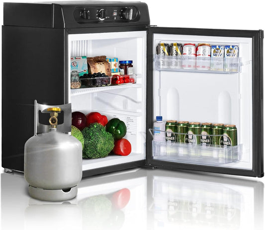 Frigo Trimixte 12V 220V Gaz, Frigo Camping Gaz, 40L, Silencieux Mini Frigo Bar, Mini Réfrigérateur Pour Camping Car Caravane Camion, Noir