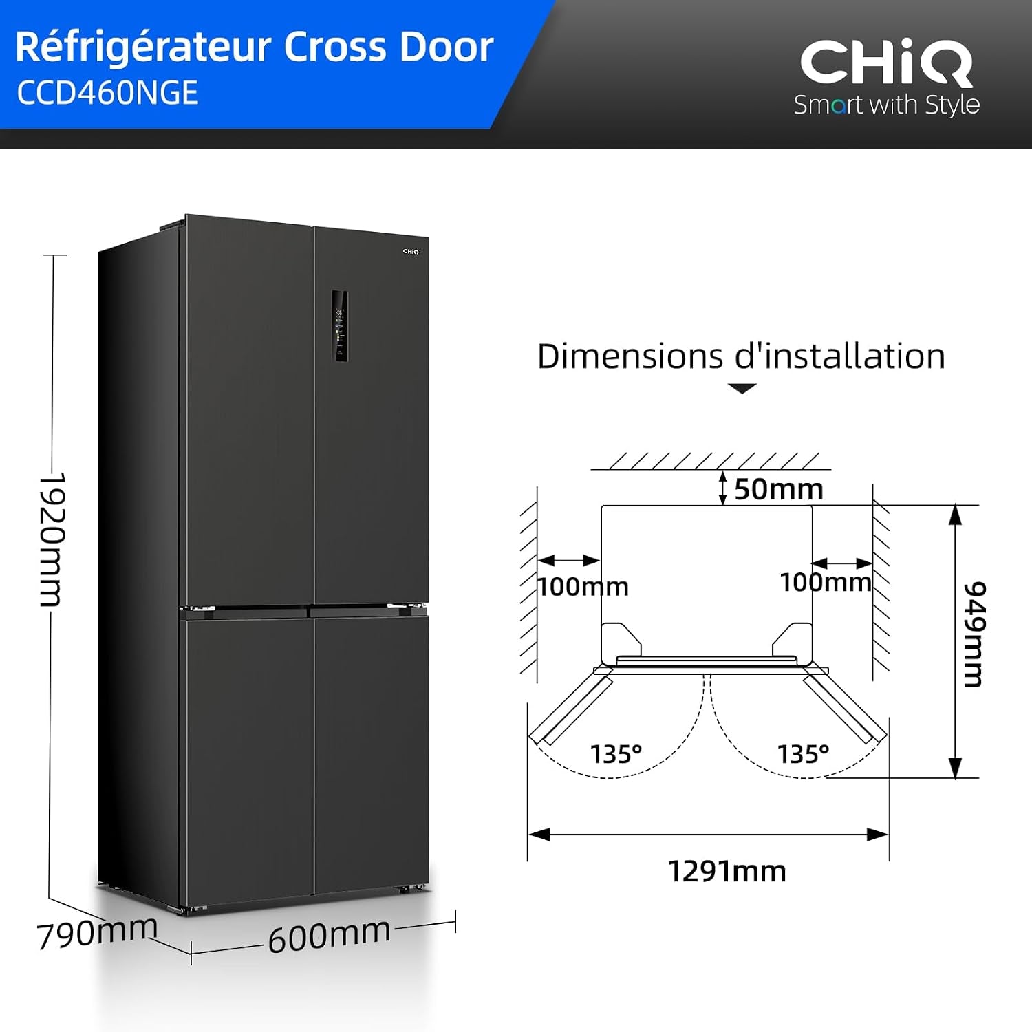 458L Frigo Américain 4 Portes Total No Frost Noir (CCD460NGE) | Silencieux 37Db, Froid Ventilé, Système Multiairflow, Congélateur -32°C, Zone Care + Space,Profondeur 600Mm