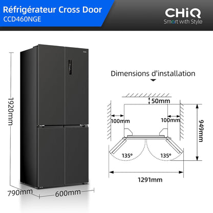 458L Frigo Américain 4 Portes Total No Frost Noir (CCD460NGE) | Silencieux 37Db, Froid Ventilé, Système Multiairflow, Congélateur -32°C, Zone Care + Space,Profondeur 600Mm