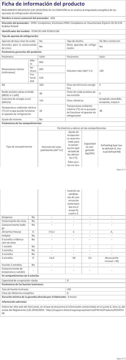 RTB413E1AW Réfrigérateur De Table Autonome / 850 Mm/Congélateur 3 Étoiles / 130 L/E