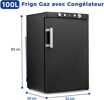 Frigo Trimixte 12V 220V Gaz, 100L, Frigo Camping Gaz, Réfrigérateur Gaz Avec Congélateur, Pour Camping Car, Caravane, Cabanon, Chalet, Noir