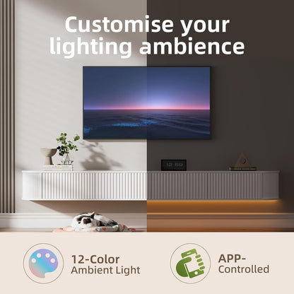 Meuble TV Suspendu Flottant Avec Lumières LED RGB – Meuble TV Mural Moderne Blanc 180 Cm Longueur, Profondeur 31 Cm Pour Rangement Amélioré, Pour Téléviseurs 65 À 75 Pouces