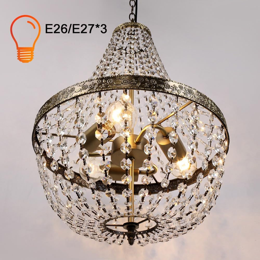 Lustre Cristal 3 Lumières, Lustre Vintage Avec Chaîne Réglable, E27, Pour Salle À Manger, Salon, Chambre À Coucher