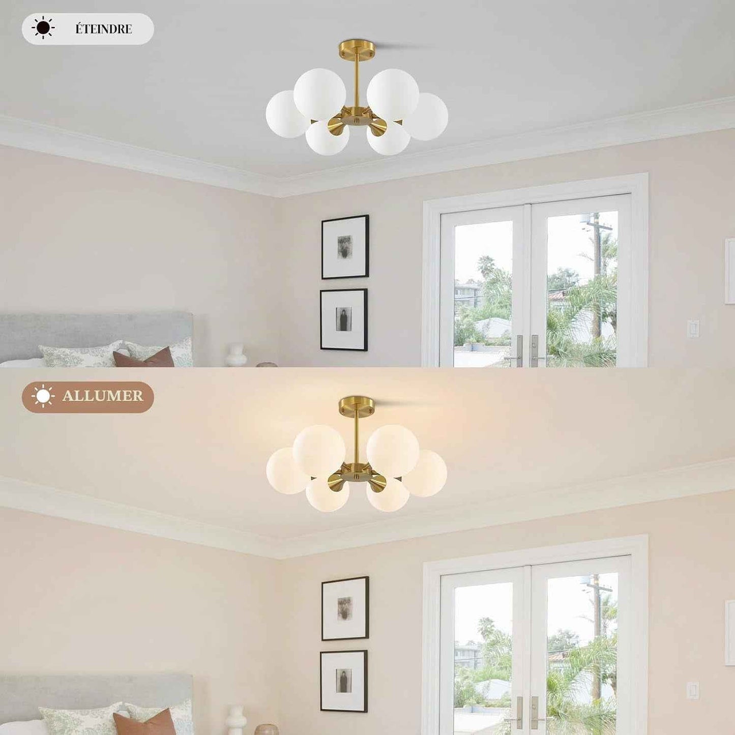 Éclairage Plafonnier Encastré Sputnik En or Brossé Mid Century Modern Éclairage De Plafond Suspendu À 6 Lumières Avec Globe En Verre Laiteux Luminaire De Plafond Semi-Encastré