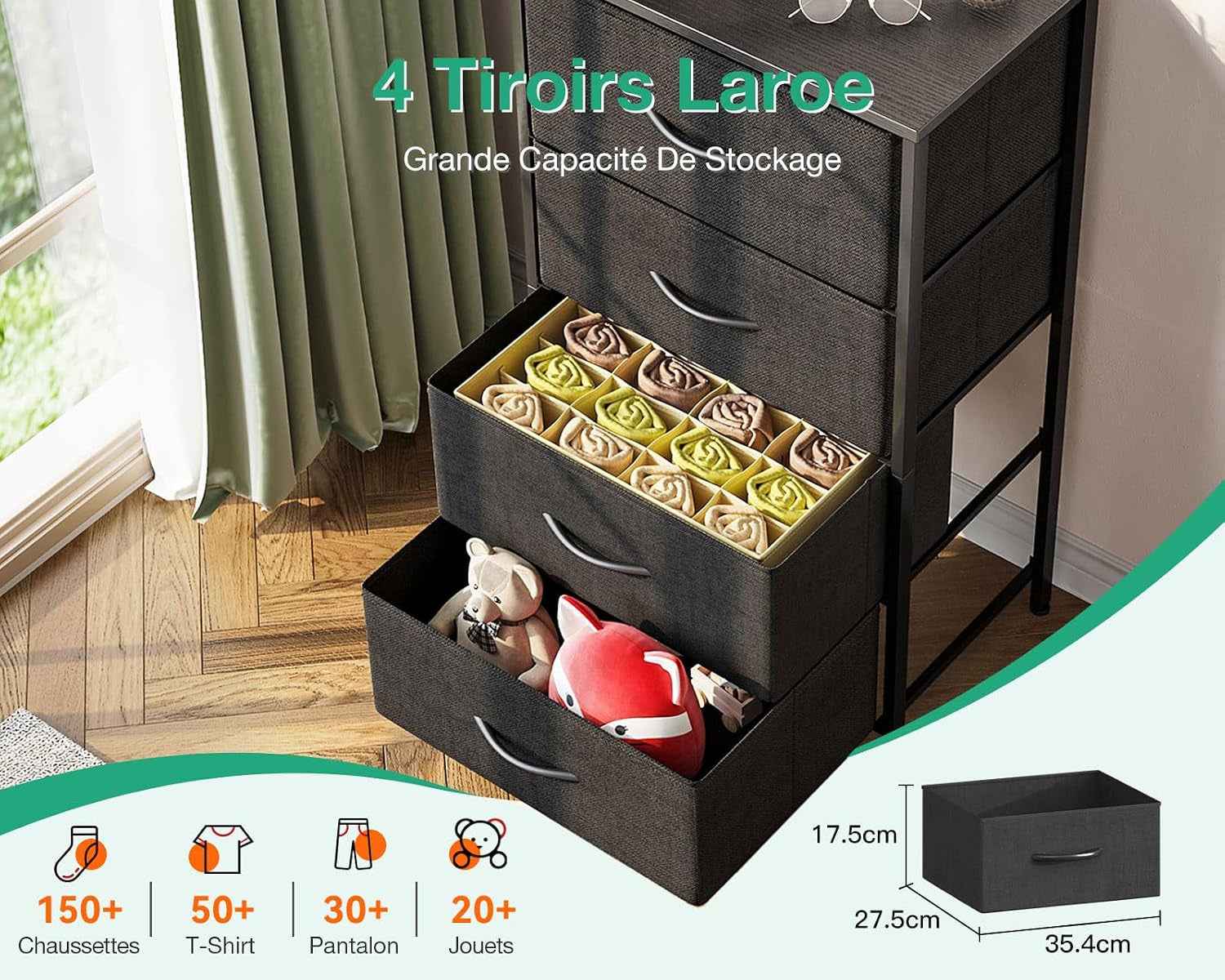 Noir Commode Chambre Adulte, Avec 4 Tissu Tiroirs | Petite Commode Adaptée Au Salon, Cadre En Acier Robuste, Plateau En Bois, 40 X 30 X 80Cm