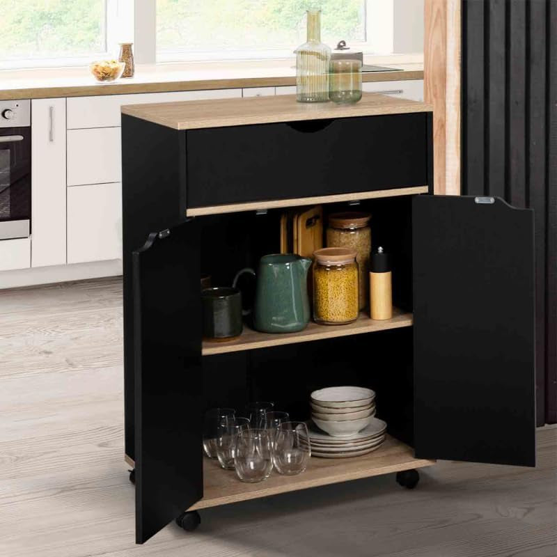 - Desserte De Cuisine Cosy Noir Et Bois | Avec Placard Et Tiroir, L. 60 Cm