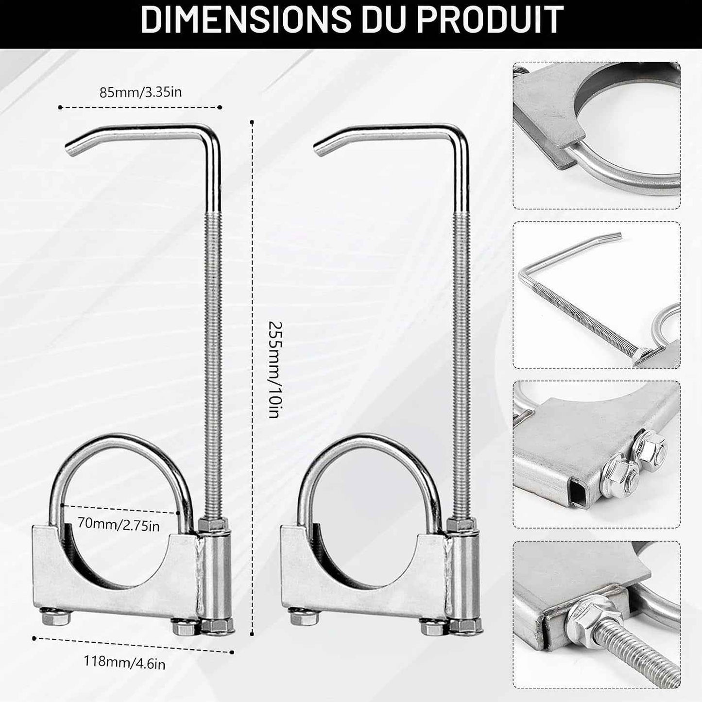 Collier D'Échappement En 2 Pièces, Acier Inoxydable Colliers En U Robustes Universel Avec Support Type Selle Ø 70 Mm / 2,75 Po Pour Tuyaux D'Échappement De Voitures Et Camions