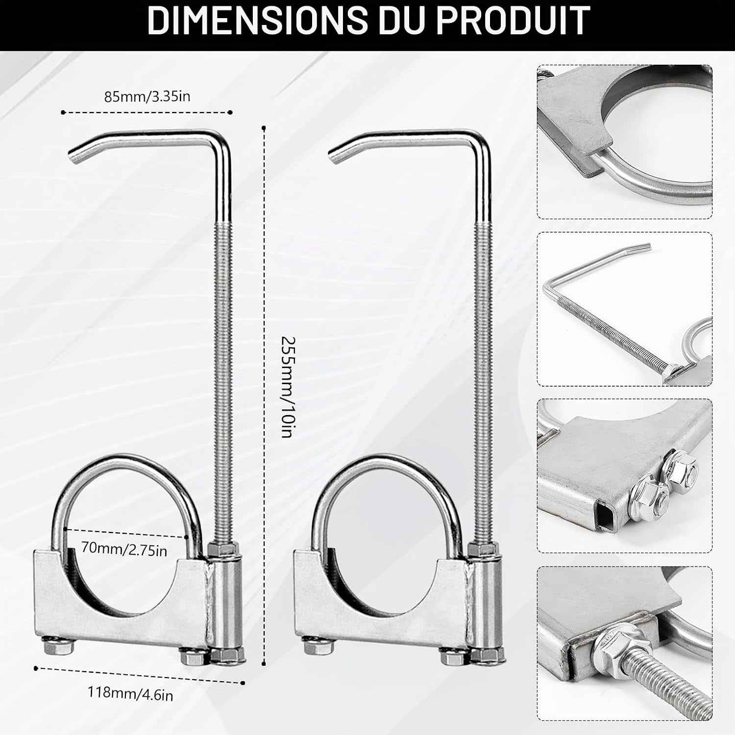 Collier D'Échappement En 2 Pièces, Acier Inoxydable Colliers En U Robustes Universel Avec Support Type Selle Ø 70 Mm / 2,75 Po Pour Tuyaux D'Échappement De Voitures Et Camions