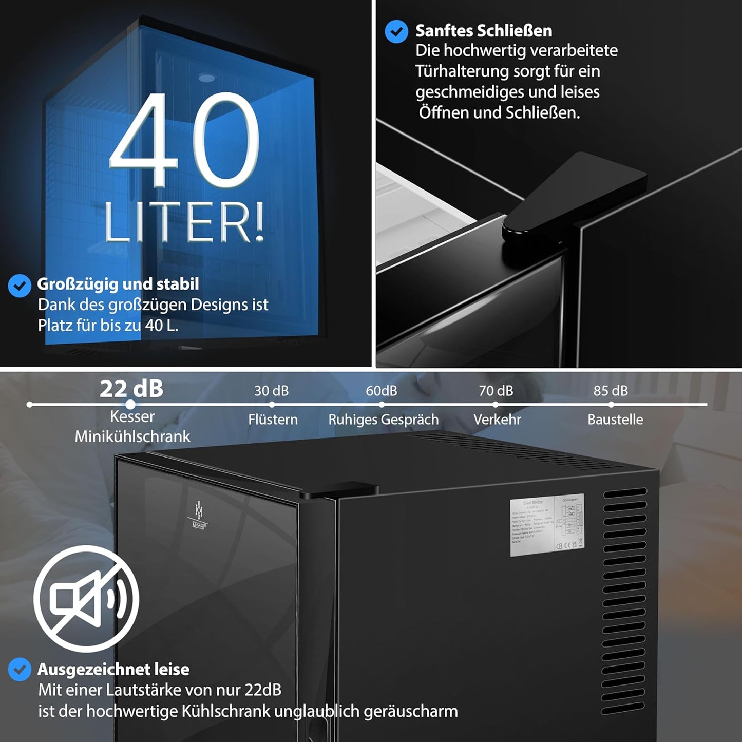 KESSER® Mini Réfrigérateur Avec Façade En Verre, Capacité Utile De 40 L, Silencieux, 22 Db, Verrouillable, Chambre À Coucher, Butée De Porte Interchangeable, Env. 6 À 12 °C, Hauteur 57 Cm, Éclairage