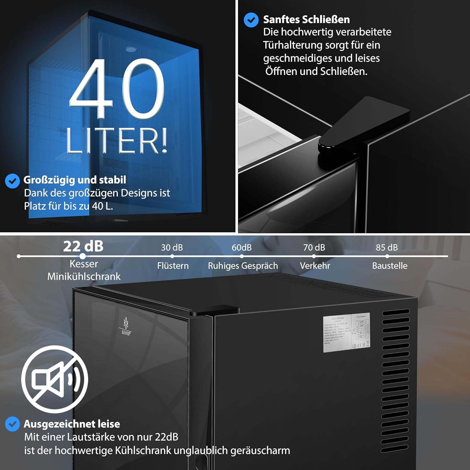 KESSER® Mini Réfrigérateur Avec Façade En Verre, Capacité Utile De 40 L, Silencieux, 22 Db, Verrouillable, Chambre À Coucher, Butée De Porte Interchangeable, Env. 6 À 12 °C, Hauteur 57 Cm, Éclairage