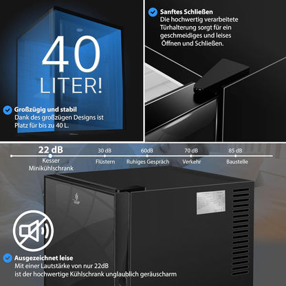 KESSER® Mini Réfrigérateur Avec Façade En Verre, Capacité Utile De 40 L, Silencieux, 22 Db, Verrouillable, Chambre À Coucher, Butée De Porte Interchangeable, Env. 6 À 12 °C, Hauteur 57 Cm, Éclairage