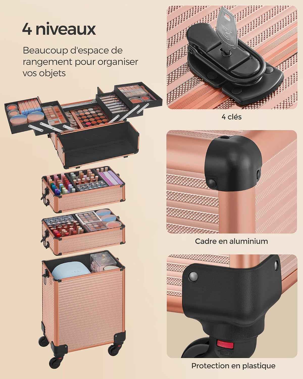 Valise De Maquillage Professionnel 4-En-1, Mallette Cosmétique, XXL, 34 X 24 X 79,3 Cm, Verrouillable, Roulettes À 360°, Pour Voyages, Manucure, Maquilleur, Coiffure, Doré Champagne JHZ015A01