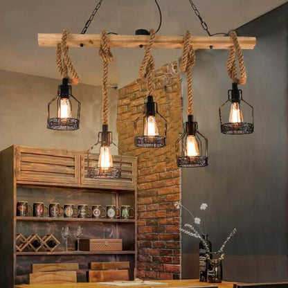 Suspension Rétro Lampe Suspendue Bois Antique E27 Lampe De Salle À Manger Lustre En Corde De Chanvre Chaîne Métallique Industrielle Restaurant Pays Chambre Salon Plafonnier 5 Flammes