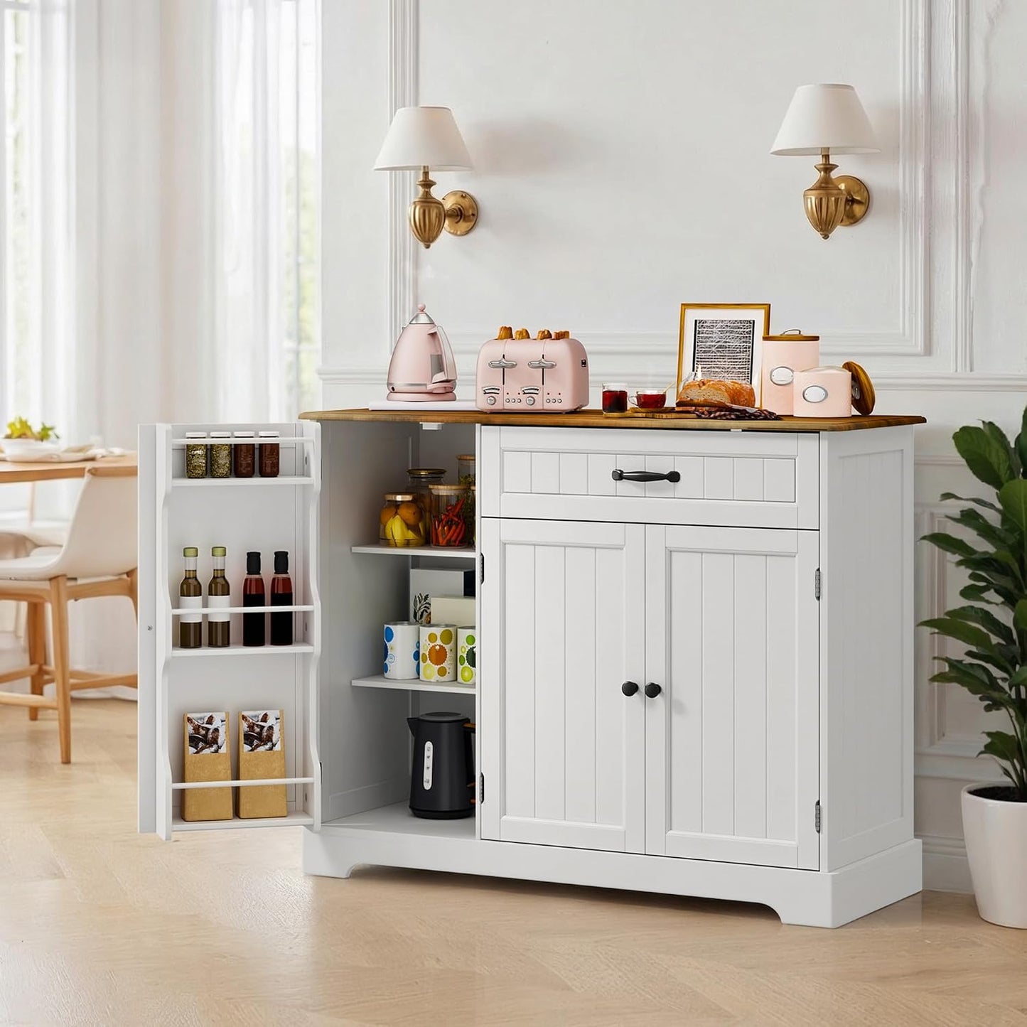 Buffet Avec 1 Tiroir, Étagère De Porte À 3 Niveaux Et Grand Espace De Rangement, Buffet Avec Dispositif Anti-Basculement Et Coins Arrondis, Pour Cuisine, Salon Ou Chambre À Coucher, Vintage
