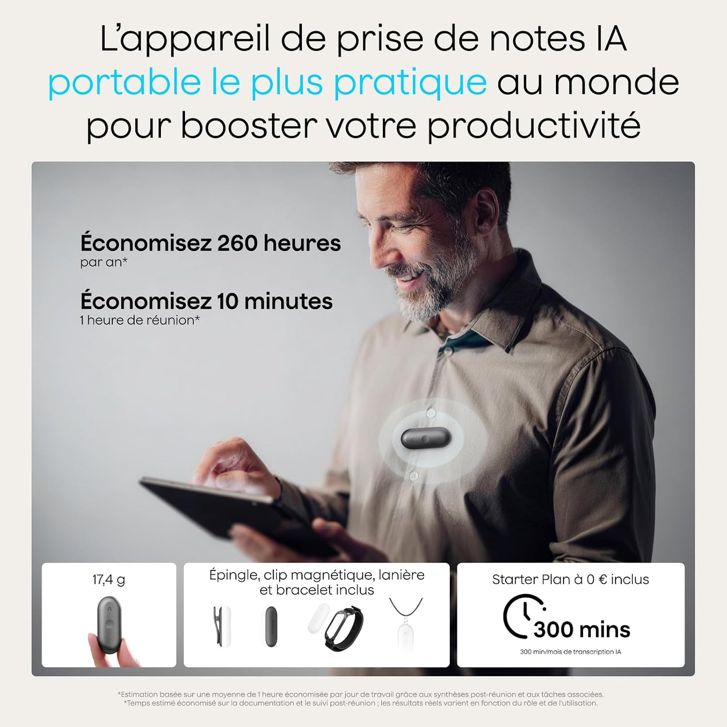 Notepin S Enregistreur Vocal IA Avec Bouton Tactile Prise De Notes IA Transcription Résumé IA Et Team Plan Dictaphone Enregistreur Numérique Pour Réunions Interviews Avec 4 Accessoires Gris