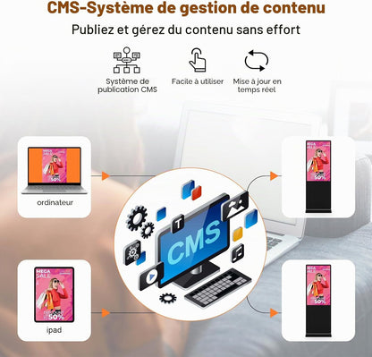 65" Écran Publicitaire 4K, Totem Affichage Autoportant IPS, Luminosité 450 Nits, Système Android, Ecran Publicitaire Interactive Pour Commerces Et Restaurants, Hdmi/Usb/Wifi, Tactile