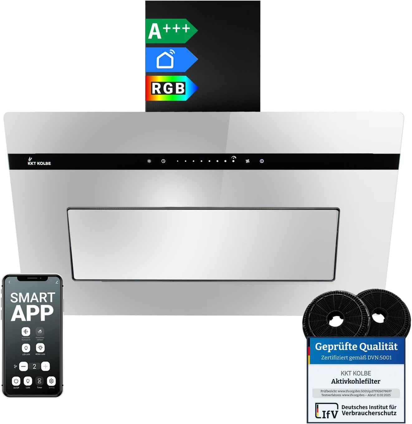 A+++ Hotte Aspirante 80 Cm 782 M³/H Drain Uringang Capot Mural Sans Tête | Miroir En Verre Noir | Démarrage Différé | Smart Wifi App Wi-Fi | Sensortouch | Éclairage LED RGBW | PLOOM8005M