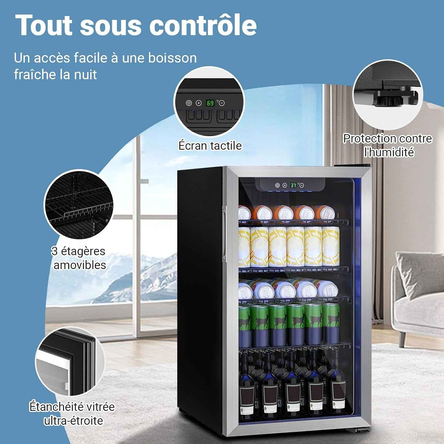 Mini-Réfrigérateur 80L, Réfrigérateur Autonome Pour Boissons De 115 Canettes Avec Porte Transparent, Réfrigérateur Sous Le Comptoir Avec Étages Réglables Et Affichage Numérique (Argent)