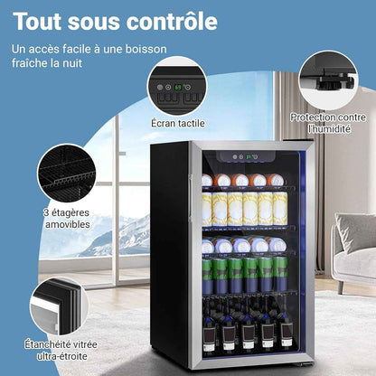Mini-Réfrigérateur 80L, Réfrigérateur Autonome Pour Boissons De 115 Canettes Avec Porte Transparent, Réfrigérateur Sous Le Comptoir Avec Étages Réglables Et Affichage Numérique (Argent)