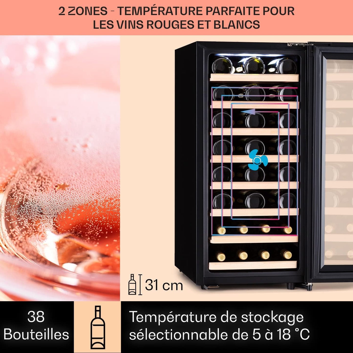 Cave a Vin, Réfrigérateur À Vin Avec Porte En Verre, Cave À Vin De Vieillissement, Zone Unique, Prosecco, Bière, Ecran Tactile, Réfrigérateur Bar, Frigo, Protection UV, 5-18°C, 38 Bouteilles