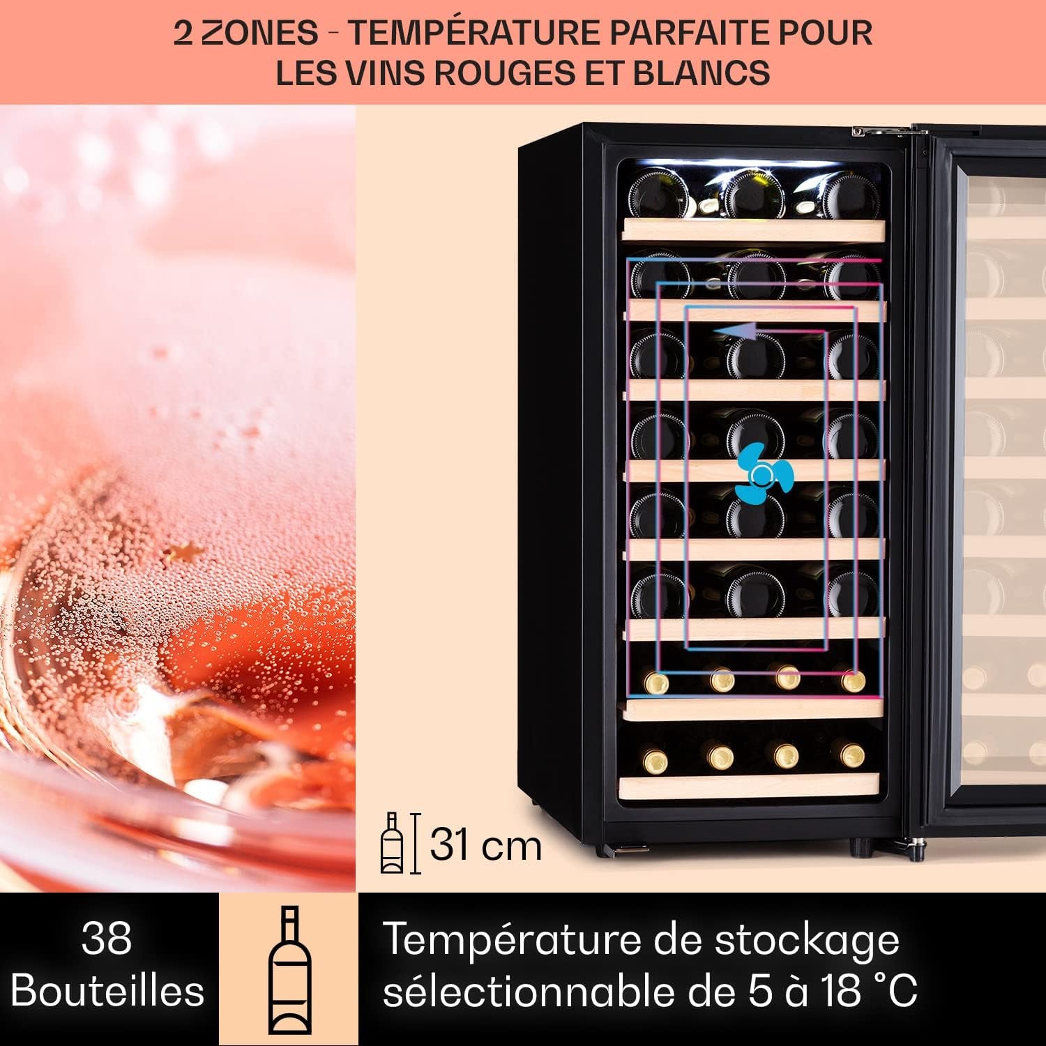 Cave a Vin, Réfrigérateur À Vin Avec Porte En Verre, Cave À Vin De Vieillissement, Zone Unique, Prosecco, Bière, Ecran Tactile, Réfrigérateur Bar, Frigo, Protection UV, 5-18°C, 38 Bouteilles