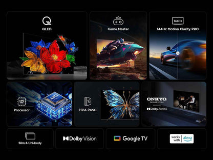 TCL 75T8C 75" QLED 4K HDR Ultra HD TV, Smart TV Powered by Google TV (Dolby Vision & Atmos, 144Hz Motion Clarity Pro, Freesync, Onkyo 2.1 Sound, Voice Control)