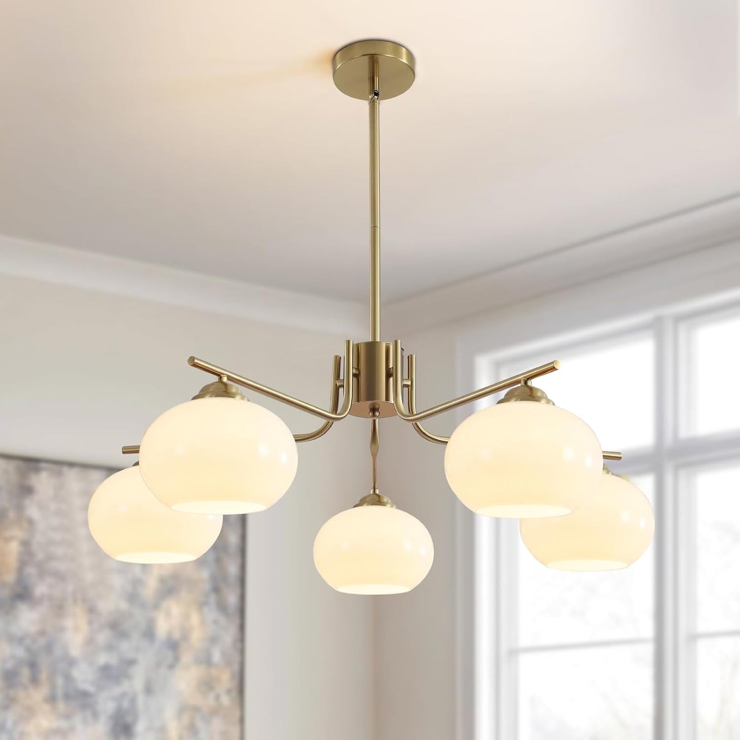 Lighting Lustre À 5 Lumières Globe Flush Mount Sputnik Luminaires Modernes En Suspension En Laiton Doré Appareil D'Éclairage Avec Globe En Verre Laiteux Lustre Pour L'Îlot De Cuisine