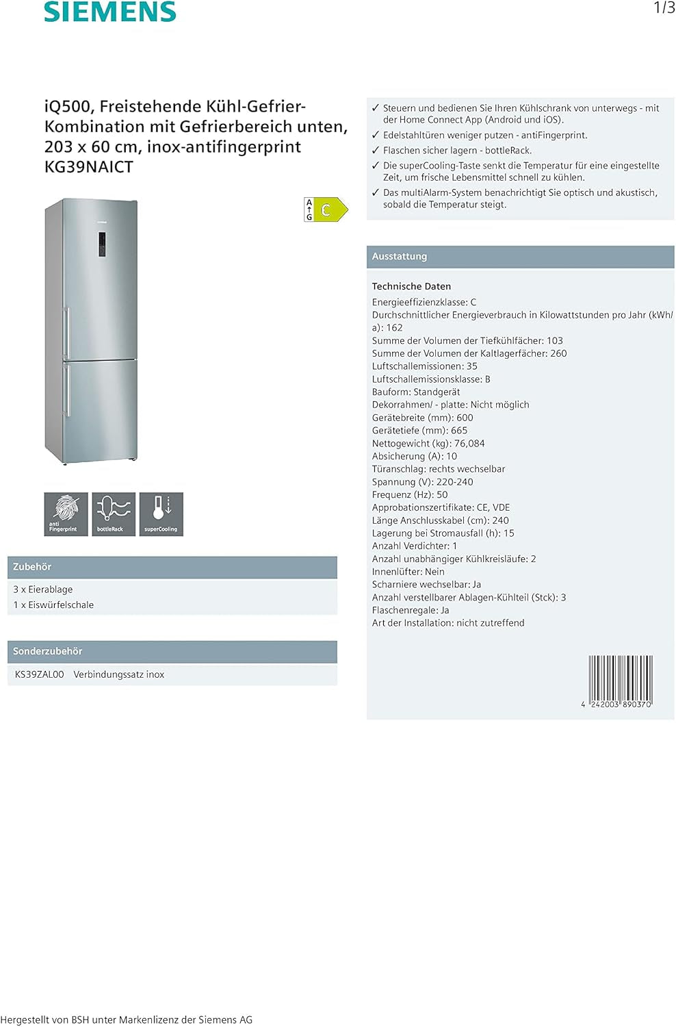 Iq500 KG39NAICT Réfrigérateur-Congélateur Autoportante 363 L C Acier Inoxydable