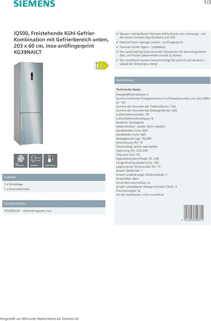 Iq500 KG39NAICT Réfrigérateur-Congélateur Autoportante 363 L C Acier Inoxydable