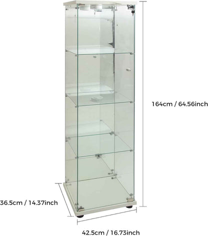 Vitrine En Verre, Meuble De Rangement Autonome Avec Éclairage LED Et Effet Miroir, Vitrine En Verre À 4 Couches, Convient Pour Bureau, Salon, Cuisine, 164 X 42,5 X 36,5 Cm (Blanc)