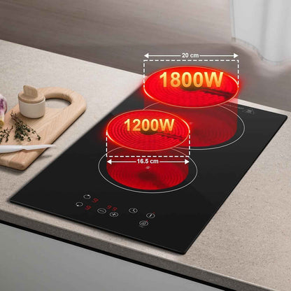 Plaque Vitrocéramique 2 Feux, Plaque De Cuisson Electrique 30Cm, Electrique Plaque Encastrable, Commande Tactile, 3000W 9 Niveaux De Puissance, Minuterie 1-99 Min, Pour Toutes Les Casseroles