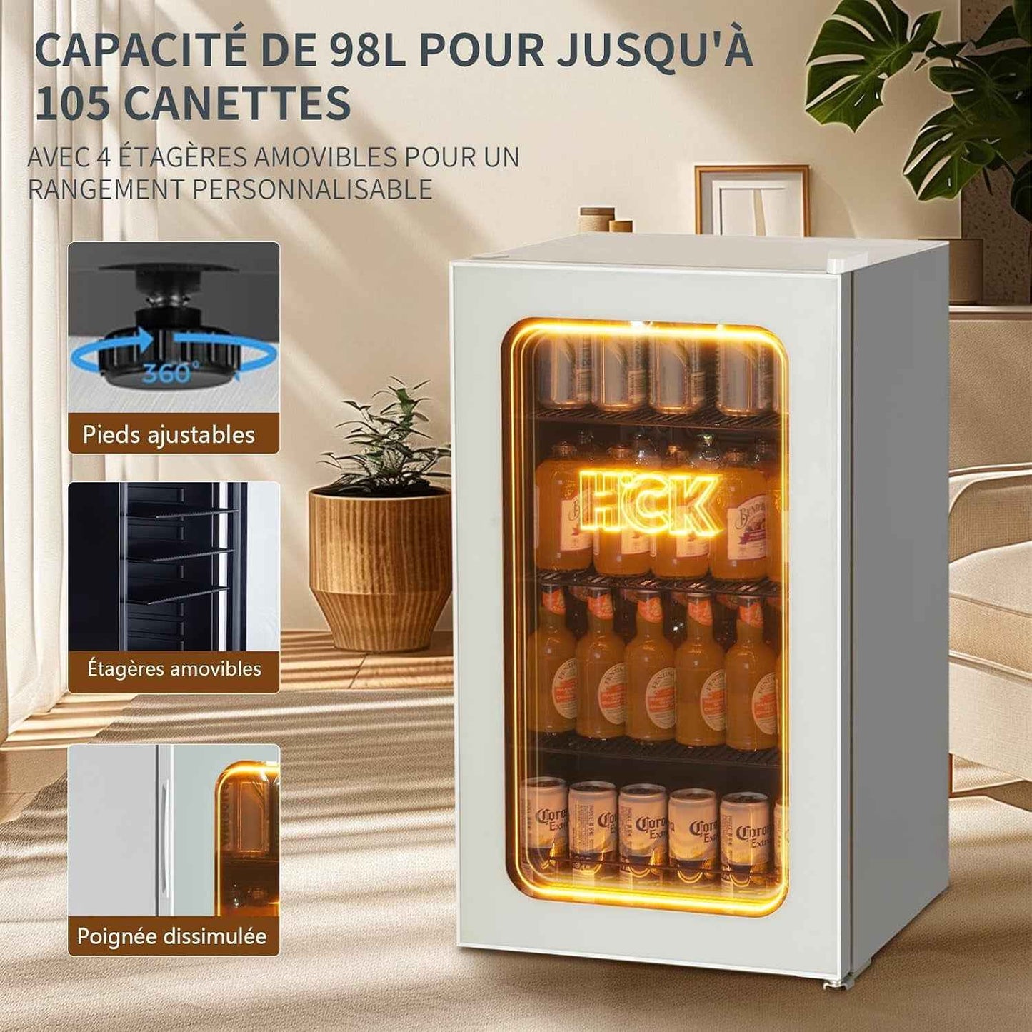 Réfrigérateur Pour Boissons De 98 L, Mini Réfrigérateur Avec Éclairage Orange 3D Et Porte En Verre, Réfrigérateur Compact De 105 Canettes Avec Étagères Réglables Pour Soda, Bière Ou Vin(Blanc)