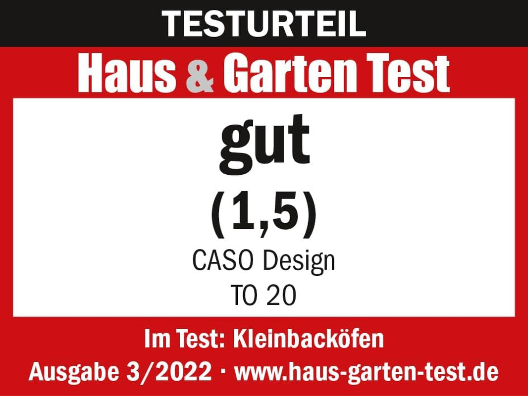 CASO to 20 – Four Design, 5 Fonctions : Recirculation, Tournebroche Avec Moteur, Chaleur De Voûte, Chaleur De Sole, Chaleur De Voûte Et De Sole, Réglage En Continu De La Température De 70 À 230 °C,