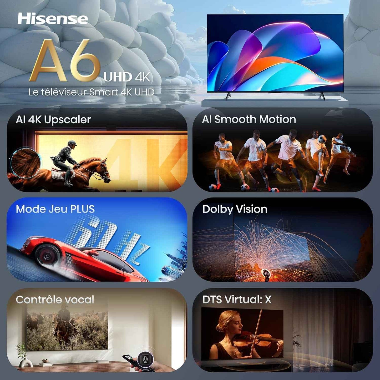 Hisense 43A6S - TV 2026 4K UHD 43" (108 Cm), Smart TV Homeos U9.5, Dolby Vision, Game Mode Plus, Compact Et Performant, Noir | Grimpeur IA 4K, Smooth Motion IA, Mode Jeu Plus, Dolby Vision, Contrôle Vocal