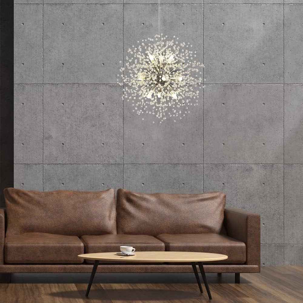 MONTERREY Lustre Pissenlit À 9 Lumières LED Feu D'Artifice Cristal Moderne Éclairage Suspendu Plafond De Luminaires Suspendus (2 Bâtons + Ampoules G9 En Cadeaux), Argent