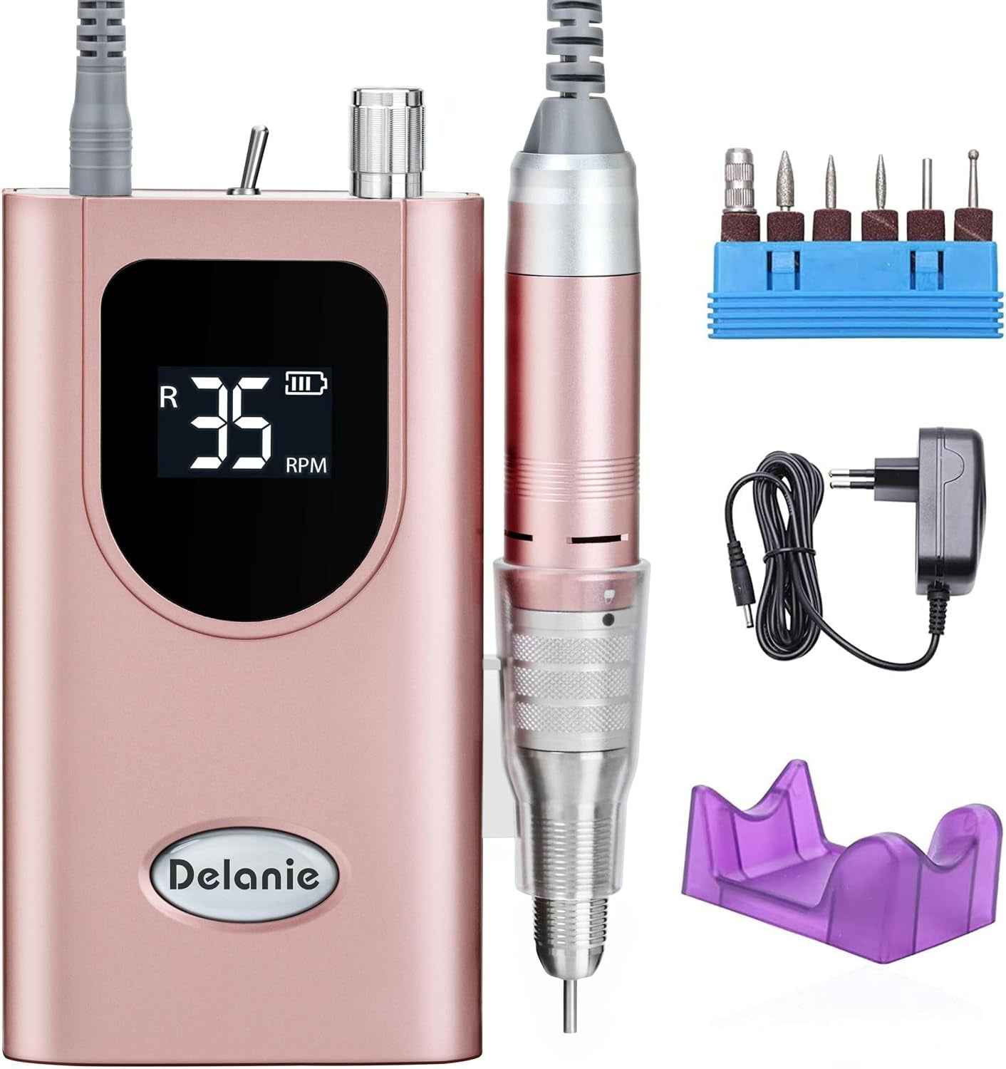 Ponceuse Pour Ongles Professionnelle 35000 RPM Portable Rechargeable Avec Affichage LCD Et 6 Embouts Ponçage Pour Pédicure Manucure, Puissante, Silencieuse Pour Salon/Maison