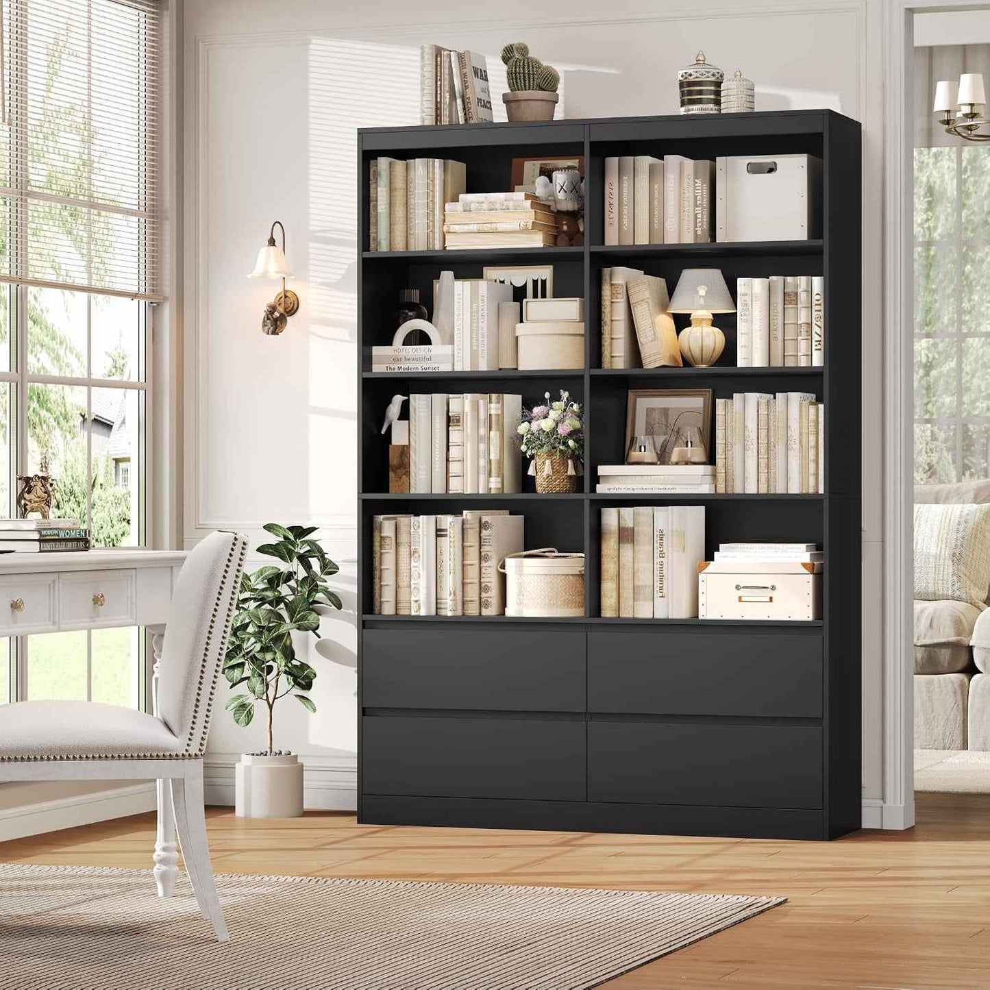 Bibliotheque 120Cm Meuble De Rangement 4 Tiroirs 9 Étagères Noire | 120X30X180 Cm, Base Surélevée, Poignées Encastrées, Grande Bibliothèque Etagere Rangement, Pour Salon Bureau Chambre